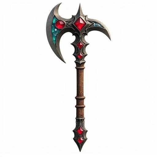 A fantasy-inspired battle axe with intricate designs and vibrant colors. Isolated on a white background without shadows. Features detailed patterns and a sturdy handle. No gems included. Lighting shows all details clearly.