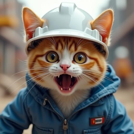 A semi-realistic cat in a white hard hat and blue work jacket. Cat shows surprise with wide open eyes and raised eyebrows. Mouth open in shock. Detailed fur with a construction site background. Genba neko style. Furious cat, ears pulled back, showing fangs, eyes wide open.