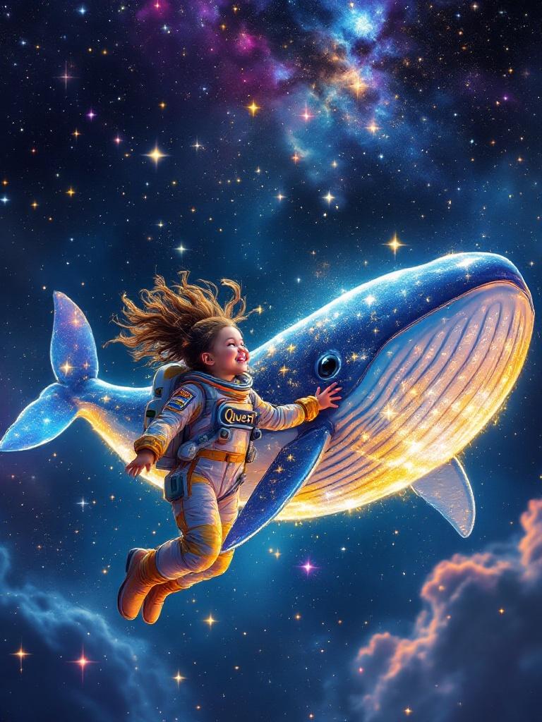 Astronaut girl floating in space. Starry sky as backdrop. Colorful space suit with 'Quest' embroidered. Reaching towards a giant whale swimming. Whale has luminous scales and a peaceful expression. Cosmic dust and nebulae enhance the scene. Captures childhood imagination and curiosity.