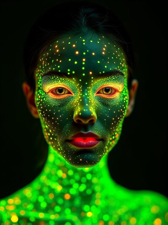 Stunning portrait of a model with bioluminescent body paint. Neon green and orange details on the face and body. Fashionful and stylish representation. High-quality capture of makeup artistry.