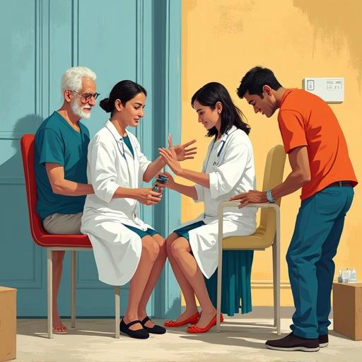Illustration showing healthcare workers with elderly clients. Three health workers interacting with older individuals. A warm, inviting atmosphere in a healthcare setting.