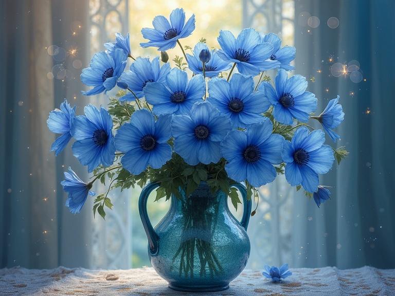 A still life scene featuring blue poppies in a teal vase. The setting exudes a cozy and dreamy atmosphere. Soft light enhances the visual appeal. The composition blends pastel tones with a touch of magic and sparkle. This digital painting captures the beauty of the flowers with meticulous detail.
