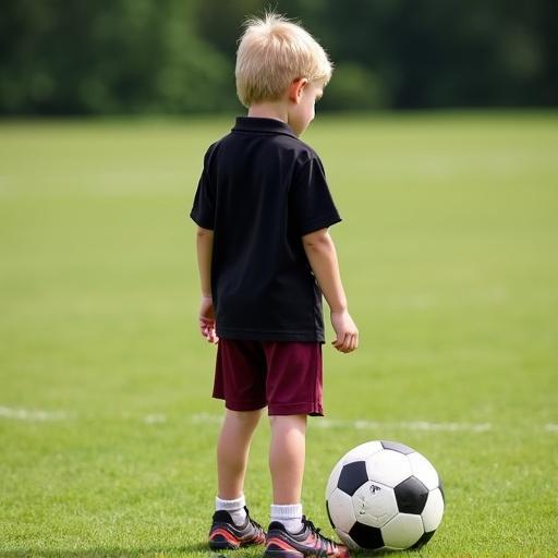 An 11 year old blond haired boy stands on a soccer field facing away from the camera. The boy wears a black polo shirt, maroon shorts above the knees, and soccer cleats. A soccer ball rests on the field beside him.