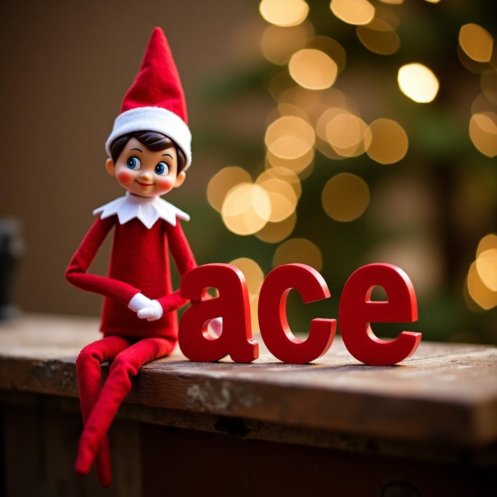 An Elf on the Shelf is sitting cheerfully on a wooden surface. The elf, dressed in a classic red and white outfit, is spelling out the word 'ace' with bright red letters. In the background, soft golden lights create a warm festive atmosphere. The elf's playful expression adds to the whimsical charm of the scene. This image captures the magic of the holiday season, ideal for decorations or festive content.