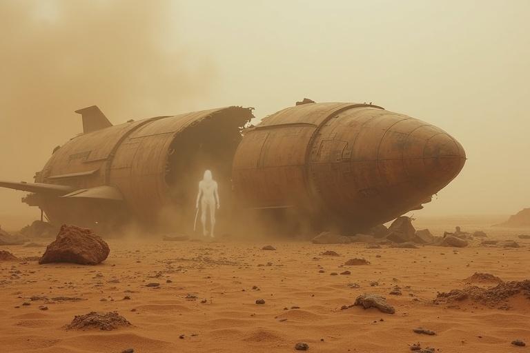 In a cinematic desert scene swirling with dust under a dim sky a massive rusted spacecraft lies in the foreground. The hull is cracked open and partially buried in sand. Metallic debris is scattered across the ground. The atmosphere is dense with dust particles. A faint silhouette of a Xenomorph is partly hidden in the haze, its head and tail subtly visible. The ground shows drag marks and disturbed terrain. A low angle from behind a broken hull reveals the eerie figure. The soft ambient glow creates a muted and mysterious mood.