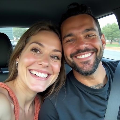 iPhone selfie taken by iPhone 13, Instagram style, inside a car, two smiling individuals
