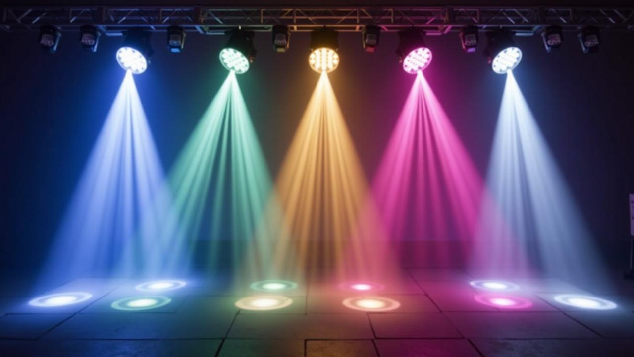 Colorful stage lighting setup with various LED lights. Multiple colored beams shine on a stage. The arrangement includes warm white, soft pink, cool blue, light amber, deep magenta, and cyan lights. Highlights colorful illumination effects on the stage floor.