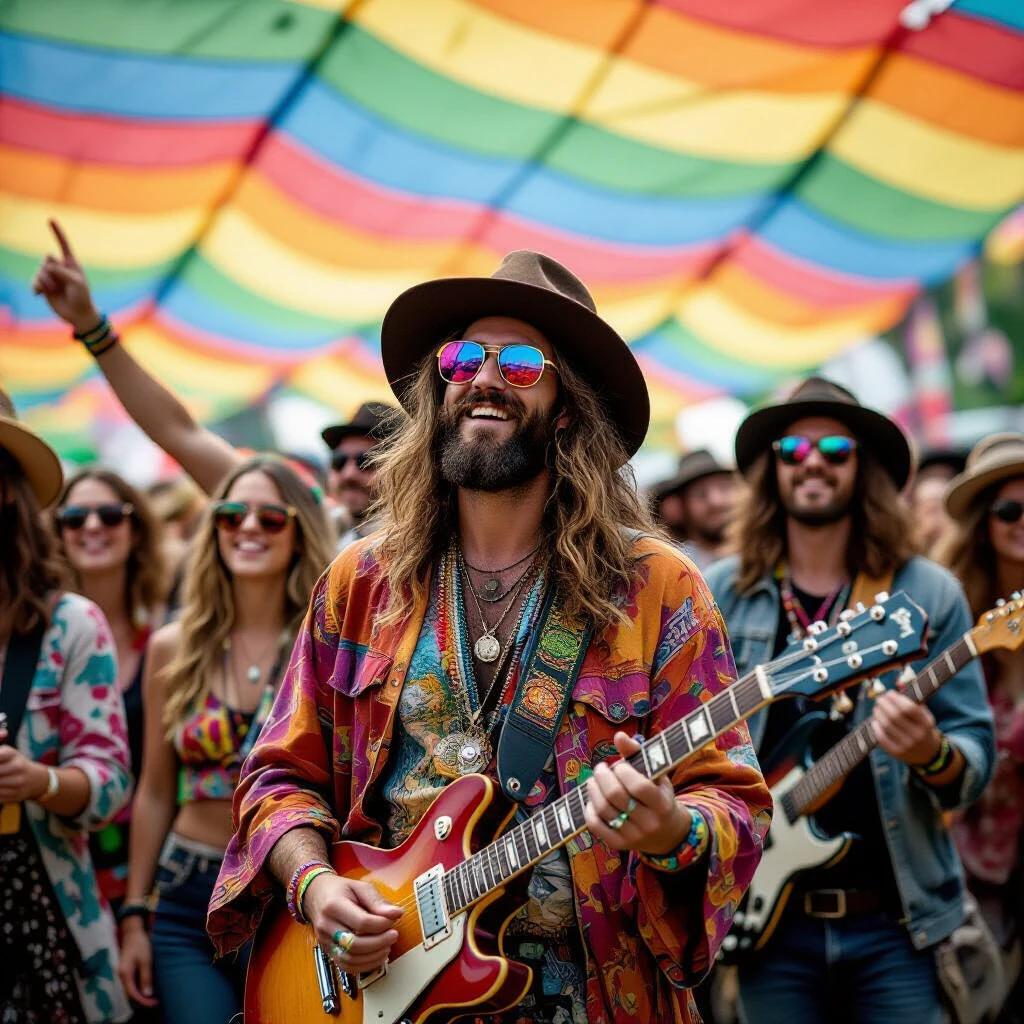 A vibrant image filled with people in bohemian clothing at a rock music festival. There is a musician playing guitar in the foreground. Colorful tents are visible above the crowd.