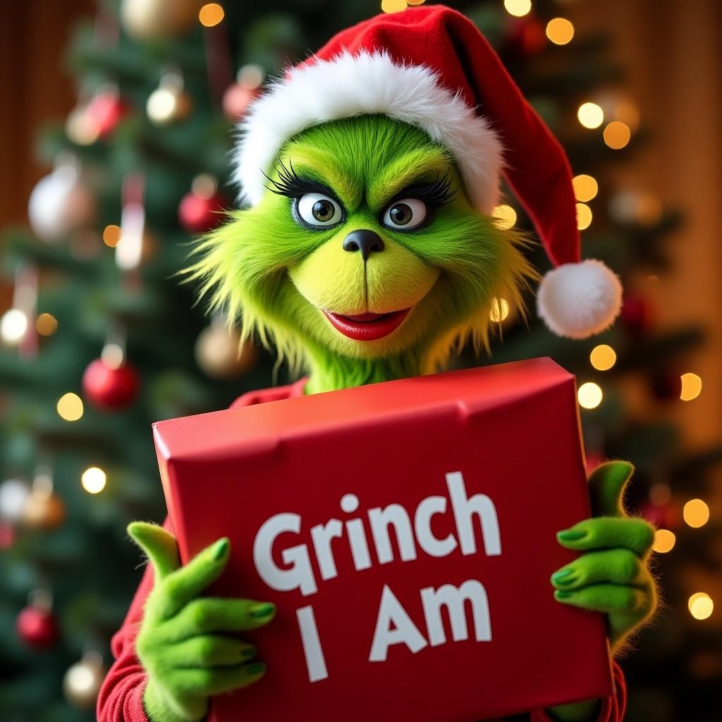 Female grinch holding a red present. Words Grinch I Am on the present. Christmas tree in the background. Grinch wearing a Santa hat. Bright colorful atmosphere during Christmas.