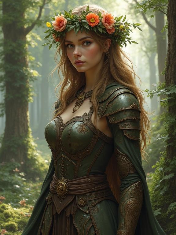 Digital painting of a female druid. Armor made of tree bark with wood grains. Flower head wreath on head. Looking into camera in a forest setting. Full body view with baroque and dreamy mood.