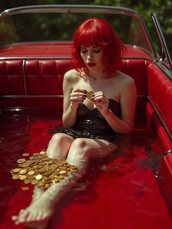 Girl with short red hair in a red luxury car. She is surrounded by gold coins. The scene has a dark cyber vibe. She sits in a red pool and shows her feet. Soft lighting enhances her features.