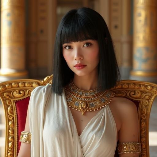 Woman sitting elegantly on a golden throne in an ancient Egyptian palace. She wears a white linen gown with golden embroidery and a wide jeweled necklace. The background features golden columns and hieroglyphic walls. The lighting is soft and natural, enhancing the luxurious atmosphere.