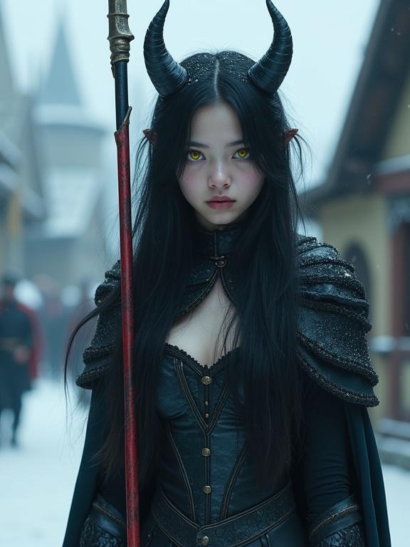A young female devil character stands in a snowy medieval village. She has long black hair with two small horns. Her skin is deep blue, and her eyes are vibrant yellow. A sad expression is on her face. She is wearing a sleeveless corset dress with a heavy cloak. A long lance rests over her shoulder, with a red wrapping at the end. The image has a fantasy aesthetic and is photorealistic.