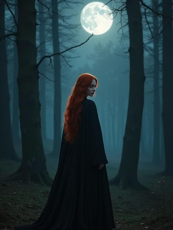Red-haired woman looking down in a dark forest wearing a long medieval robe. Moonlight illuminates the scene creating a mystical atmosphere. Realism and hyperrealism effects are present with dark surrounding.