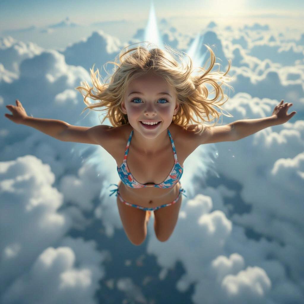 Young girl with blonde hair and blue eyes in a bikini, flying above fluffy clouds at high speed. Arms outstretched in a spread-eagle pose, feet off the ground. Depicts a sense of adventure and freedom with a sense of motion.