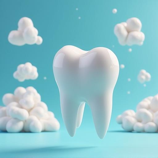 Social media graphic featuring a large 3D tooth floating in the air among fluffy white clouds.