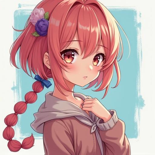 Anime girl with pink hair and braid. Expression is soft and charming. She wears a hoodie. Background is light blue. Flowers in hair.