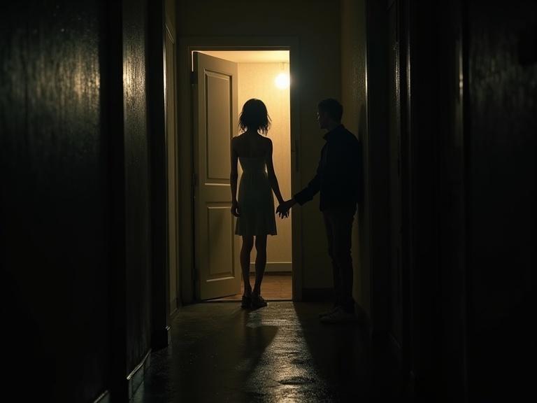 Hyper realistic photo in a dimly lit, dark rainy apartment hallway. Open doorway in focus. Young woman standing hesitantly in the doorway, silhouetted against warm light. Protagonist's hand extended towards her.