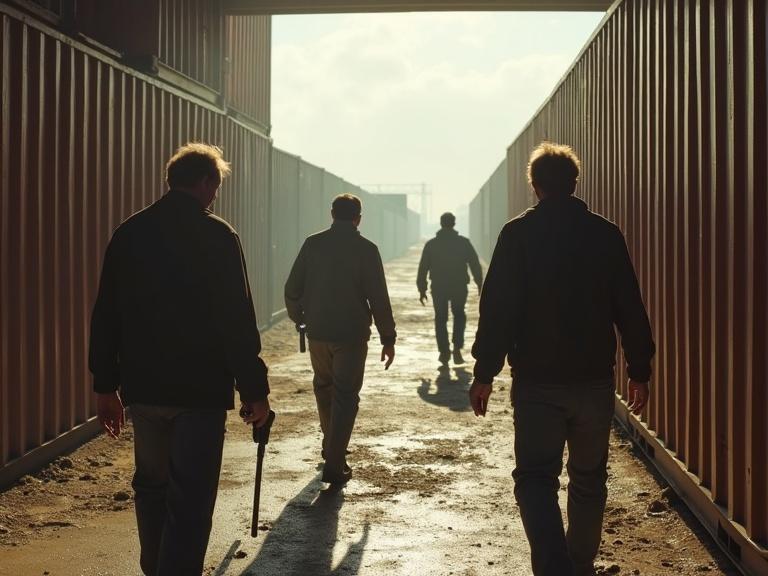Photorealistic scene in a container yard. Group of four men walking away. One older man holds a handgun. One man has a hook. Two men appear vigilant. One young man is running away.