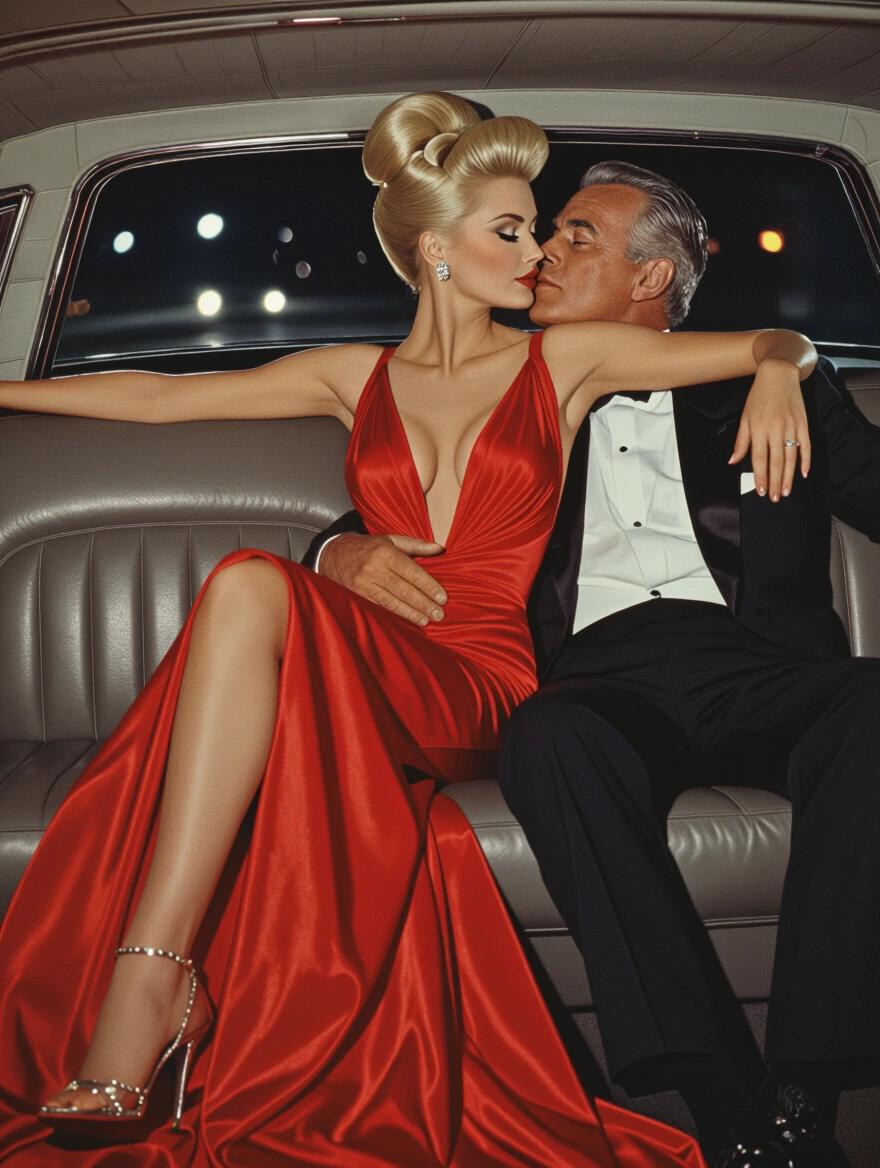 Woman with platinum blonde hair in an updo. Wearing a long red evening gown with deep cleavage. Sitting beside an older man in a tuxedo. They are in the back seat of a limousine. Romantic pose with a kiss. Nighttime setting. High heels and long legs.