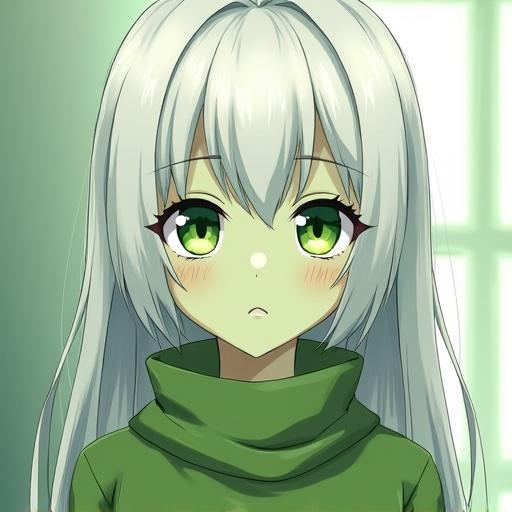 Girl demonstrates cute features with green eyes and white hair in an anime style. Character appears human with expressive features and a gentle expression. Background features soft light.