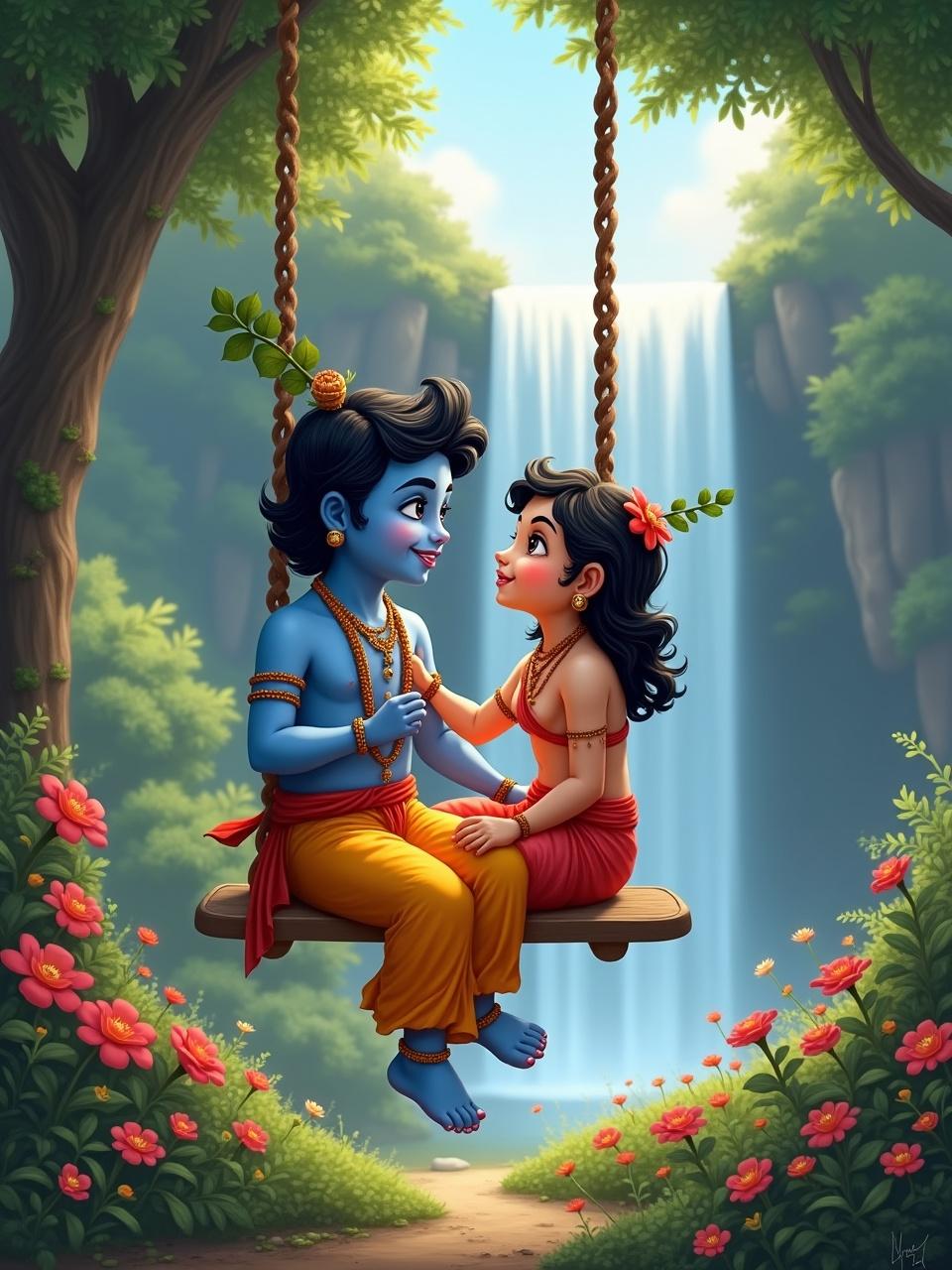 This image portrays two young figures, likely inspired by mythological characters, sitting on a swing under a lush, leafy canopy. The scene is set against a beautiful waterfall, creating an idyllic and serene background. The figures are richly adorned with traditional jewelry and garments, exuding a sense of innocence and affection as they look at each other with tenderness.