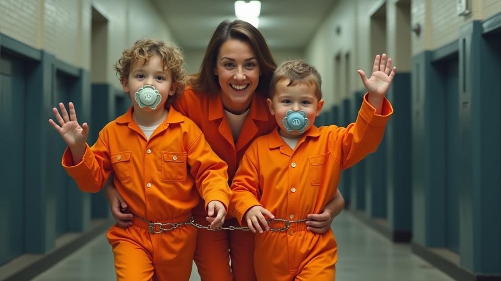 Playful mother interacts with two children dressed in orange jail jumpsuits. Scene is set in a jail hallway. Children are handcuffed and waving goodbye. Oversized pacifiers visible in their mouths. Highlights family fun in a serious environment.
