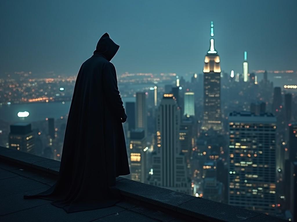 The image portrays a solitary figure dressed in a dark cloak, standing at the edge of a tall building, overlooking a sprawling city at night. The figure’s hood obscures their face, adding an air of mystery. The city below is illuminated with shimmering lights and features iconic skyscrapers, including a notable tower. A cool blue hue dominates the scene, enhancing the nighttime ambiance. The overall vibe suggests themes of solitude, vigilance, and the allure of the urban jungle. There's a contrast between the darkness of the figure and the vibrant city lights.