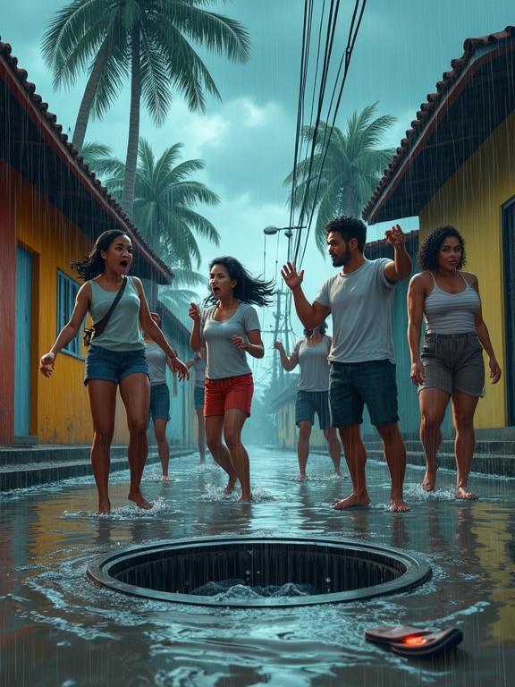 A group of Dominican neighbors are in a flooded street during a heavy rainstorm. They react with alarm and panic. One woman is shouting and pointing toward an open manhole with water rushing in. A man is dialing a cellphone urgently. Others are gesturing or yelling with worried expressions. The street is wet and muddy, rain is falling heavily, palm trees and colorful houses are in the background. There is a floating flip-flop near the manhole.