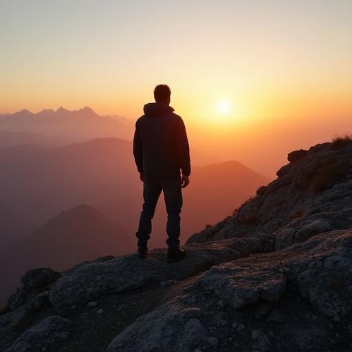 Silhouette of a man standing on a mountain at sunset. Warm colors fill the sky creating an inspiring scene. The man faces the horizon, evoking a sense of adventure.