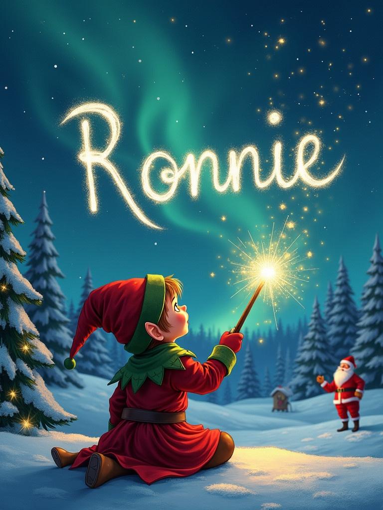 Elf sits back watching the night sky with a wand. Elf writes name 'Ronnie' in sparkling letters. Christmas scene has northern lights and Santa in background. Image conveys joy and whimsy for holiday season.