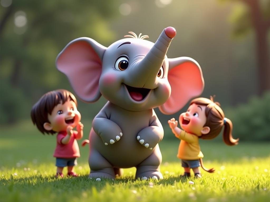 Pixar style depiction of a cute baby elephant lifting its trunk. Children laughing and clapping around it. Bright green grass. Soft lighting enhances the joyful scene. Features are exaggerated and charming. Energetic atmosphere.