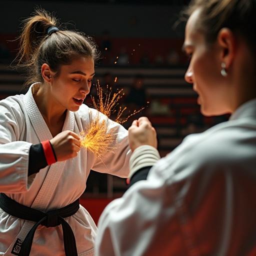 Dramatic close up of a female karate fighter getting hit by a kick. Action shot. Dynamic and energetic scene.