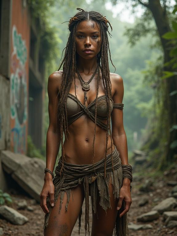 Full-body portrait of a huntress from a neo-stone age civilization. Strong and lean physique. Dark skin with dirt and scars. Facial features reflect urban ancestry. Rugged braided hair with natural materials. Handmade clothing from animal hides and fibers. Stands in forest-covered urban ruins. Soft lighting after rain. Realistic skin texture and imperfections.