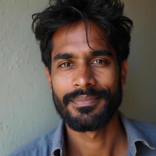 Close-up portrait of a man specific to Suresh from Hyderabad, India. Strong facial features and well-groomed beard. Natural light highlights his expression.