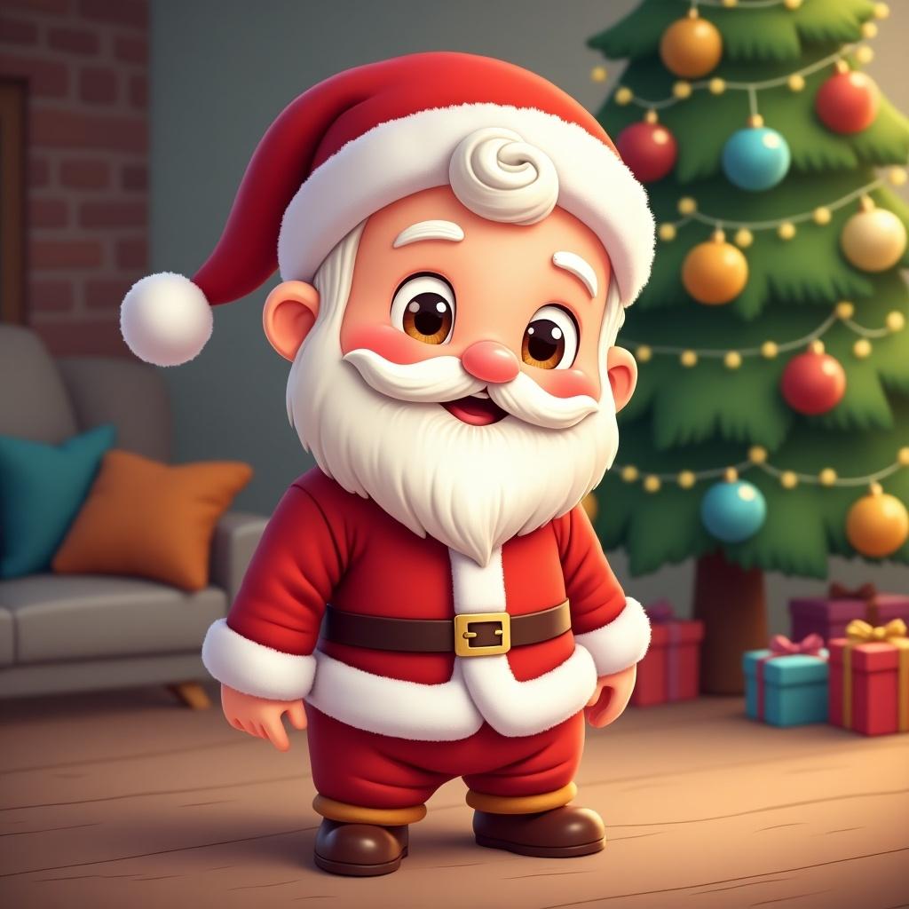 Cartoon of a baby Santa Claus in a festive setting. Background features a decorated Christmas tree with presents. Character displays a cheerful expression and traditional Santa attire.