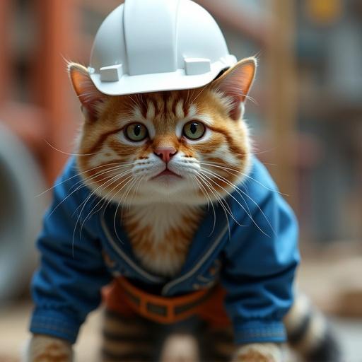 A semi-realistic cat in a construction outfit showing a scared expression. The cat is crouching low with puffed fur, ears back, and tail down. The eyes are wide with fear.