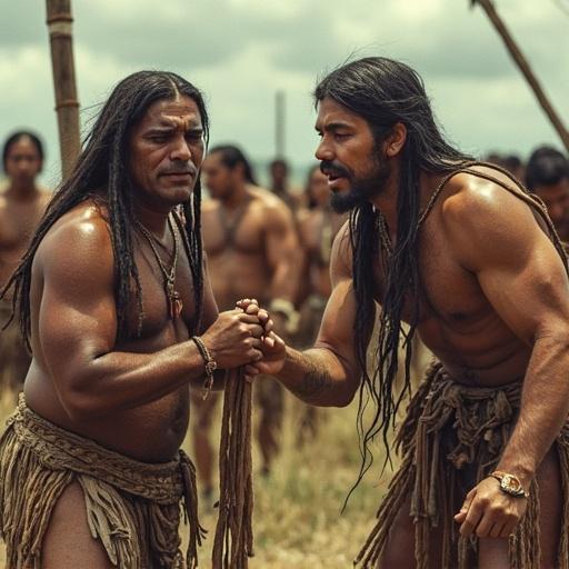 Group of Native American men in traditional attire showing expressions of strength. Earthy setting with natural light. Historical context of resilience and struggle.