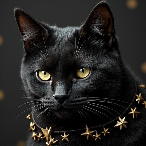 A black cat with a star necklace sits against a dark background. The cat exudes a sense of elegance and mystery. The stars are gold in color, creating a whimsical contrast.