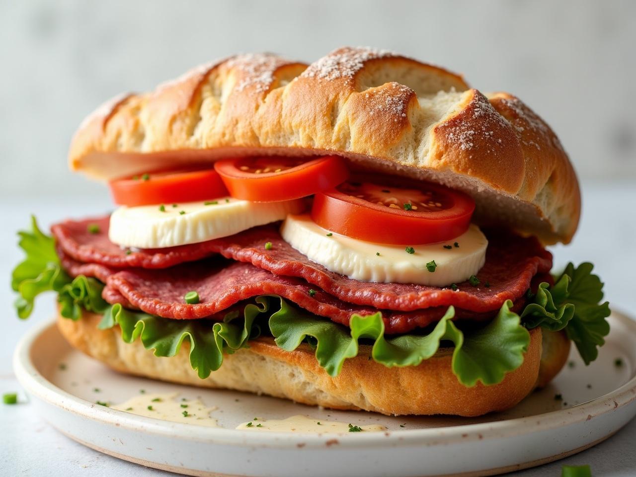 This image showcases a delicious ciabatta bread sandwich filled with layers of cooked pastrami, fresh mozzarella, and juicy tomato slices. Crisp lettuce adds a refreshing crunch, topped with a dollop of creamy mayonnaise. The sesame-seed topped ciabatta bread adds a rustic touch to this mouthwatering meal. The sandwich is presented on a wooden surface, highlighting its appetizing ingredients. This is the perfect option for lunch or a quick snack, appealing to food lovers everywhere.