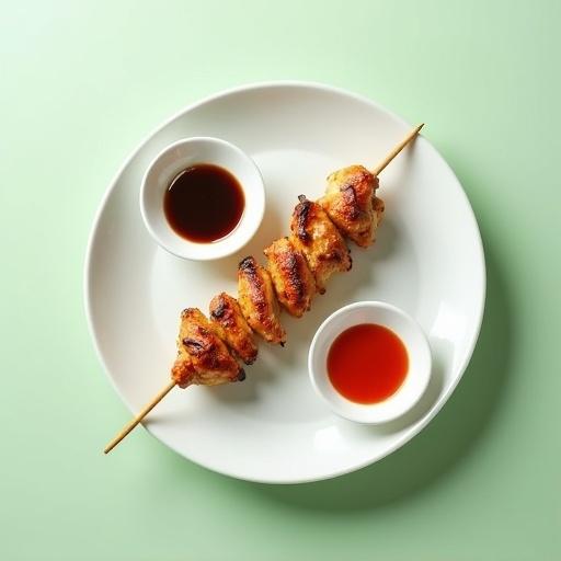 Minimalist food scene with clean white round plate. Single skewer of grilled chicken seasoned with cumin powder. Chicken pieces uniformly cut and evenly shaped. Perfectly aligned skewer with golden brown color and glistening grill marks. Juicy texture. Two small dipping dishes placed symmetrically. One dish with dark Japanese teriyaki sauce. Other dish with vibrant red-orange Thai sweet and sour sauce. Smooth light green background. High realism captured from top-down angle.