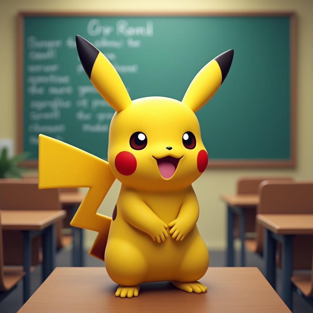 Pikachu character in a colorful classroom setting. Fun and engaging environment for children. Friendly and inviting atmosphere. Pikachu stands happily. Name displayed as Cris on the chalkboard.