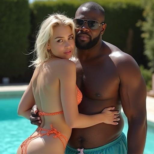Swimsuit photoshoot by the pool with a couple enjoying summer. Focus on their interaction and the vibrant setting.