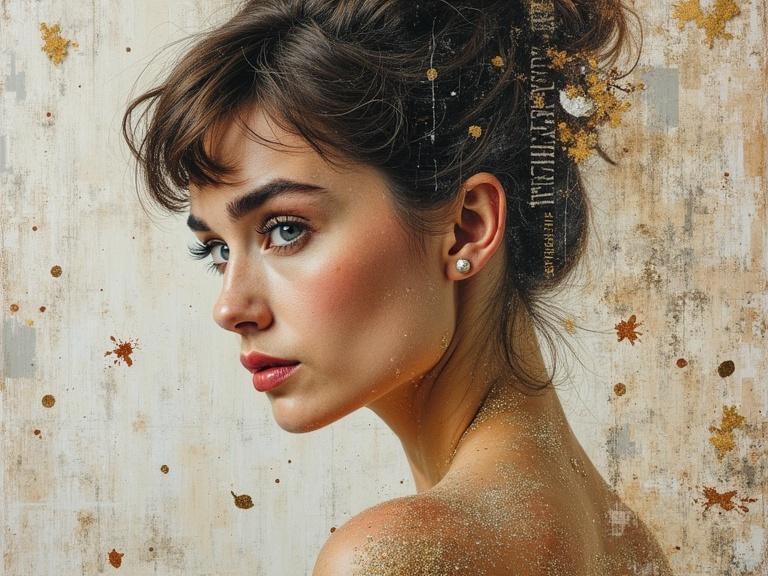 Profile portrait of a woman with luminous skin. Textured background with mixed media elements. Glitter confetti and jute fibers. A blend of depth and surface feel. High resolution and evocative composition.
