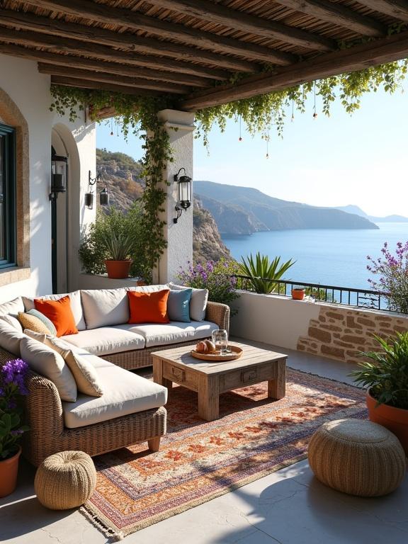 Cozy Mediterranean-style terrace overlooking calm blue sea. Features L-shaped gray sofa, rustic wooden coffee table, and round rattan poufs. Decorated with colorful throw pillows and an intricate rug. Surrounded by vibrant potted plants like geraniums and succulents. Wooden pergola overhead with climbing vines. Whitewashed walls and stone accents enhance the charming atmosphere.