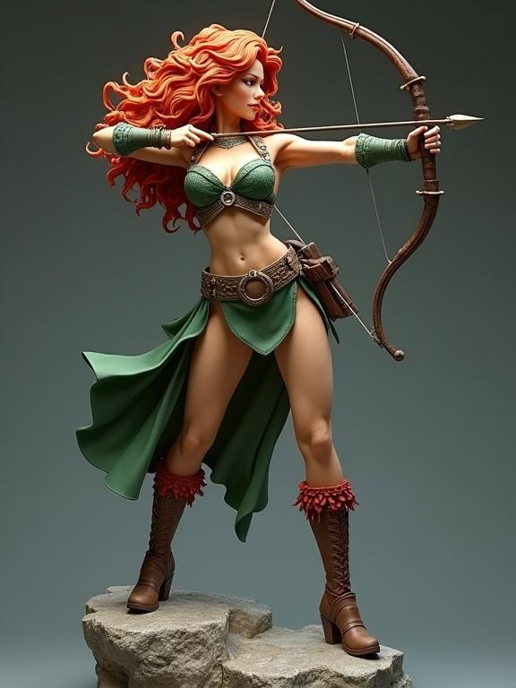 Highly detailed resin figure of a stylized female warrior. She has wild curly red hair. The figure is inspired by a fantasy archer Princess Brave. Archer stands confidently in a pose. Shooting an arrow from a bow. One foot rests on a rock base. Other foot is positioned back. The outfit is tight and heroic. Showing muscular legs. A green corset with engraved patterns. Long boots. Green skirt revealing one leg. Ultra-detailed with soft shadows. Photorealistic lighting and matte texture. Full body collectible statue.