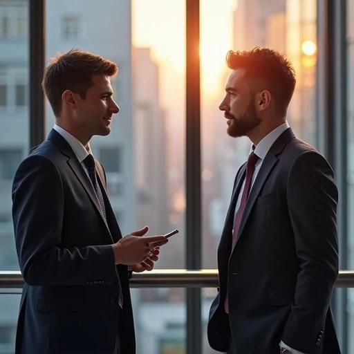 Photorealistic image showing business professionals talking to each other in a corporate environment during sunset. Two men are dressed in formal business suits. The image captures a warm atmosphere created by the sunlight filtering through a modern office building.