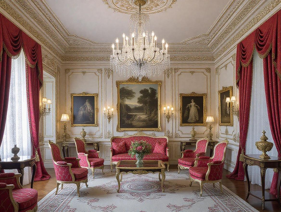 A luxurious Belle Époque interior. Includes ornate furniture with intricate carvings and rich upholstery. Features a grand chandelier from a high ceiling. Casts soft, warm light over room. Walls adorned with fine art paintings and delicate moldings. Elegant patterns in rich reds, golds, and greens on fabrics. Refined craftsmanship in details like polished wood and lace curtains. Arrangement evokes depth and sophistication.
