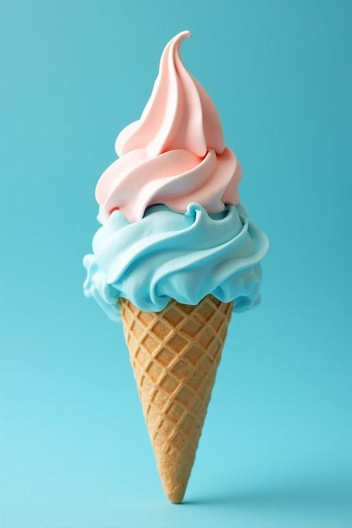 Ice cream cone with blue and pink swirls. Conical waffle base. Bright background. Appealing dessert.