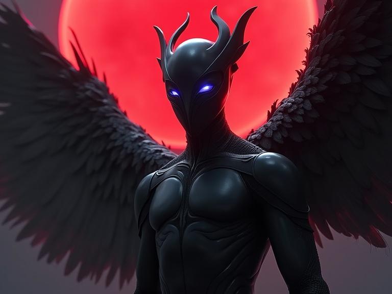 Genderless character with a sleek black armor. He has a helmet-like mask with glowing violet eyes. Large wings resembling feathers spread from his back. Background shows a massive crimson eclipse. Image features ultra-realistic texture and dramatic lighting.